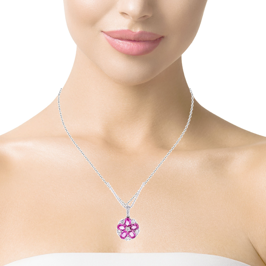 Pink Sapphire & Diamond Flower Motif Pendant Necklace
