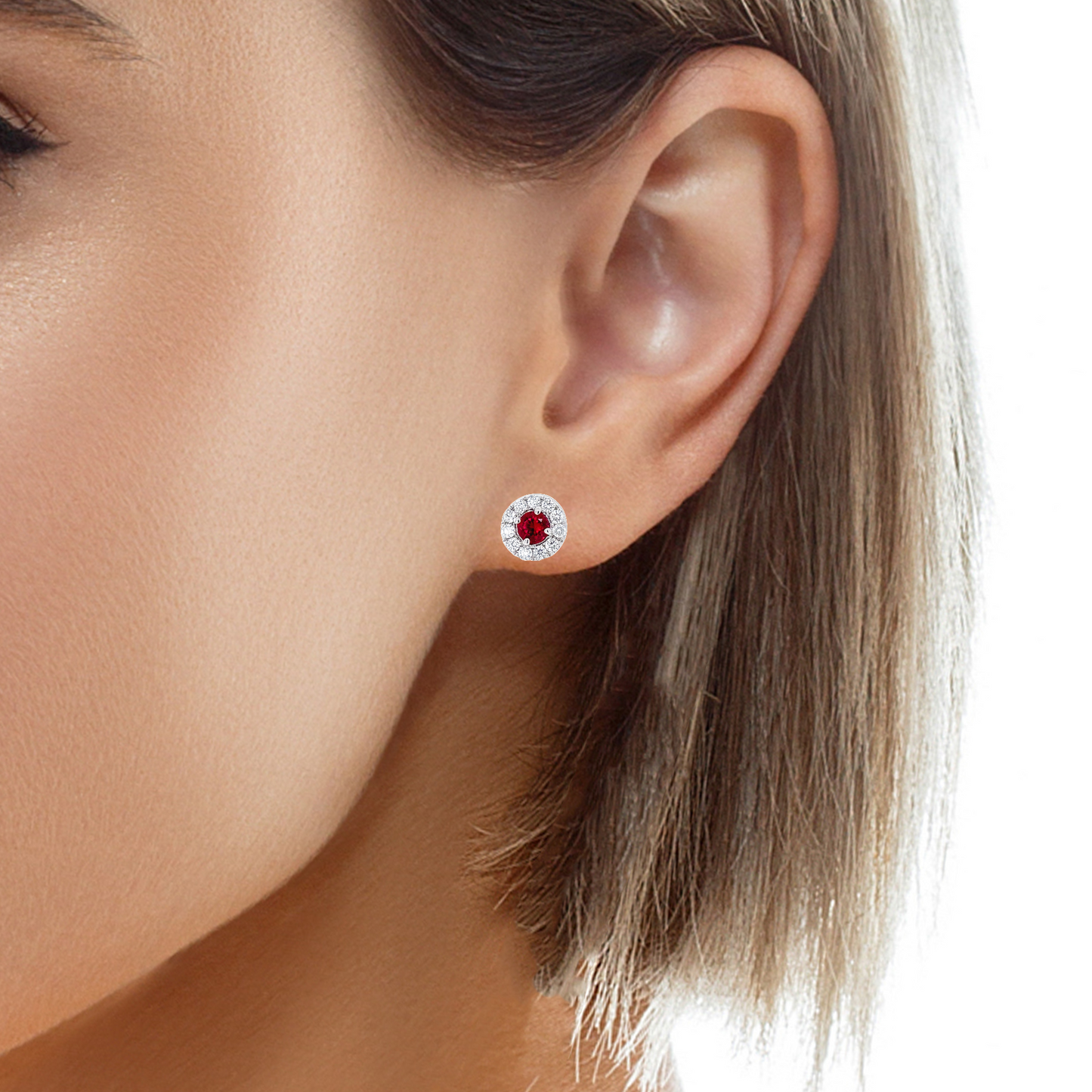 Try on view of 18k White Gold Large Tourmaline & Diamond Stud Earrings