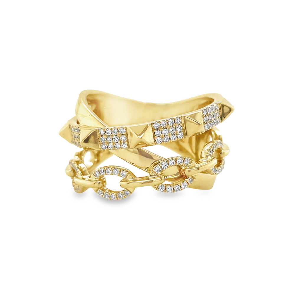 This stunning ring is crafted in 14k yellow gold and features 0.22 cts of F/G color round diamonds in an intricate intertwining design. The perfect statement piece for any occasion, this ring sits at 13mm wide and is available in size 6.5. It's a timeless and unforgettable look!