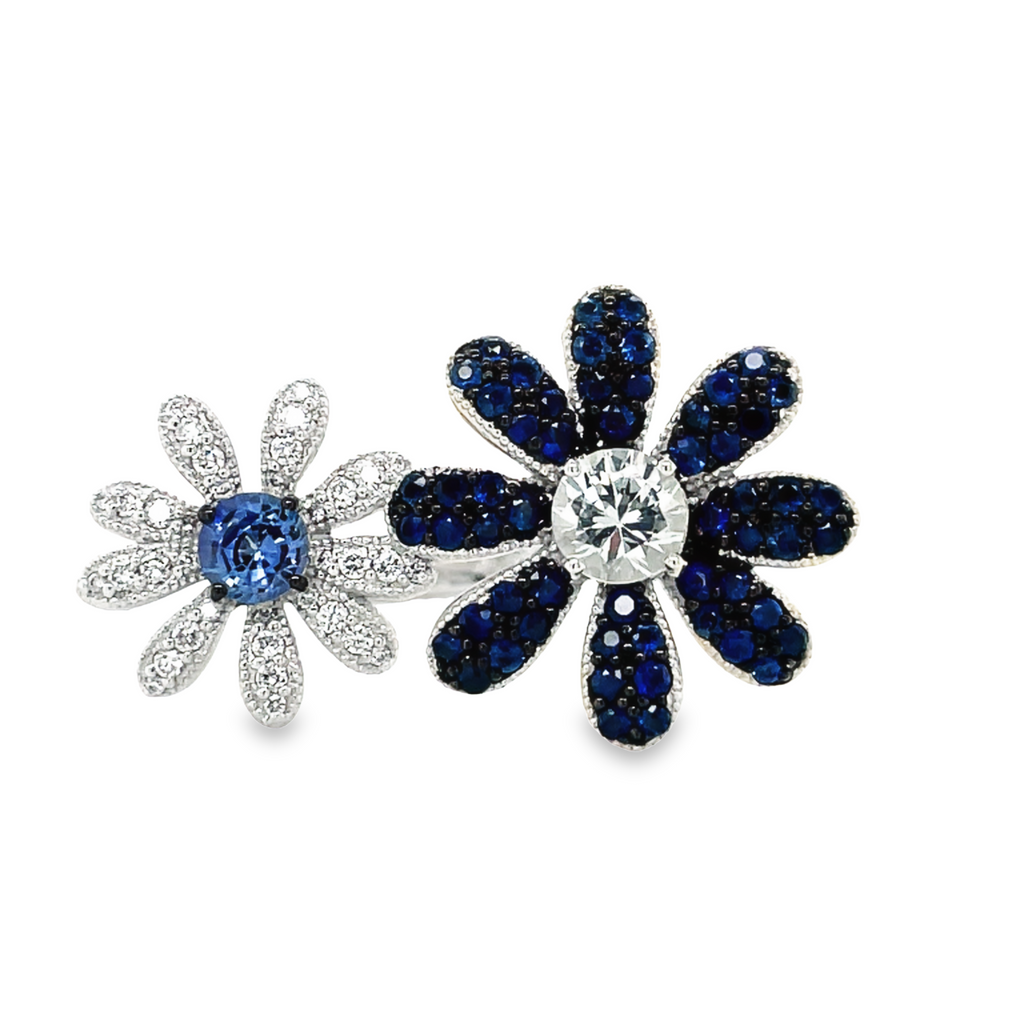 Double flower ring 17.50 mm & 13.00 mm size  6.5 sizable ring  18k white gold mounting   0.20 cts round diamonds  0.82 cts round sapphires    