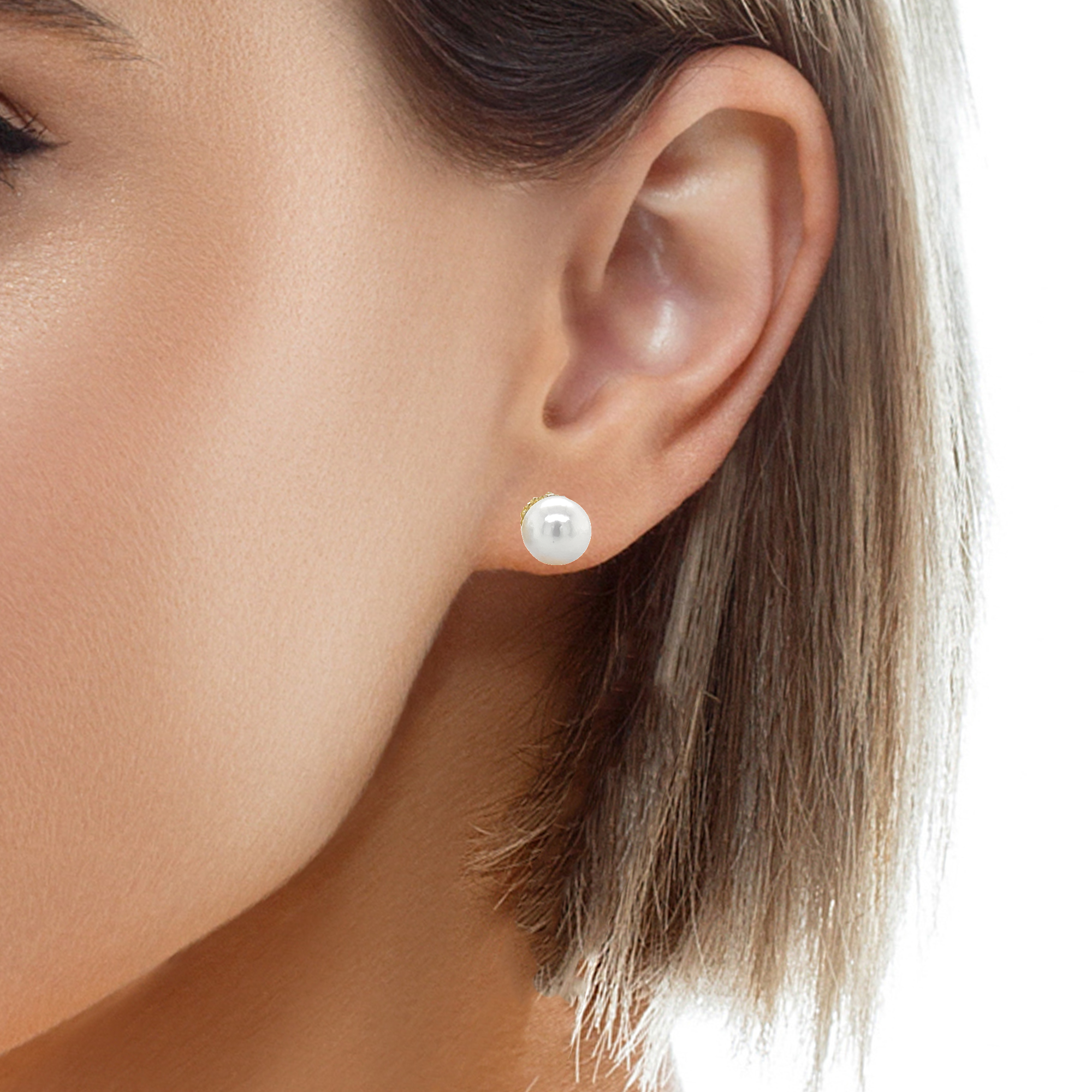 These elegant studs feature 9.50 mm Akoya Cultured Pearls with a high-luster finish and 14k Yellow Gold settings, complemented by secure friction backs for peace of mind.