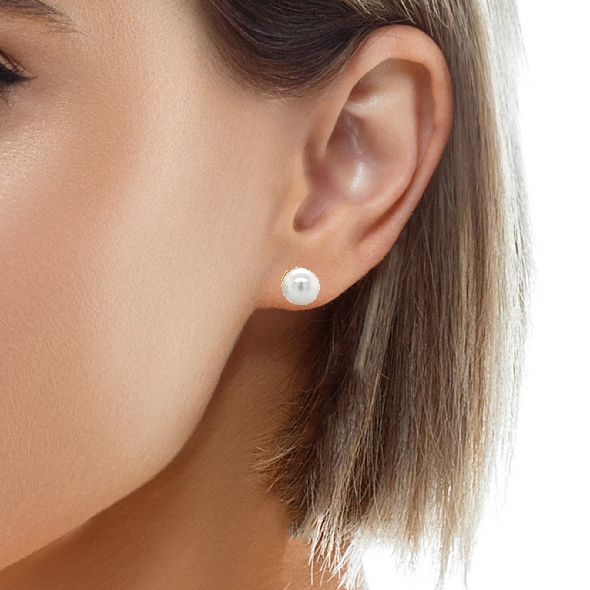 Try on view of Akoya Cultured Pearl Studs 6.50 Yellow Gold 