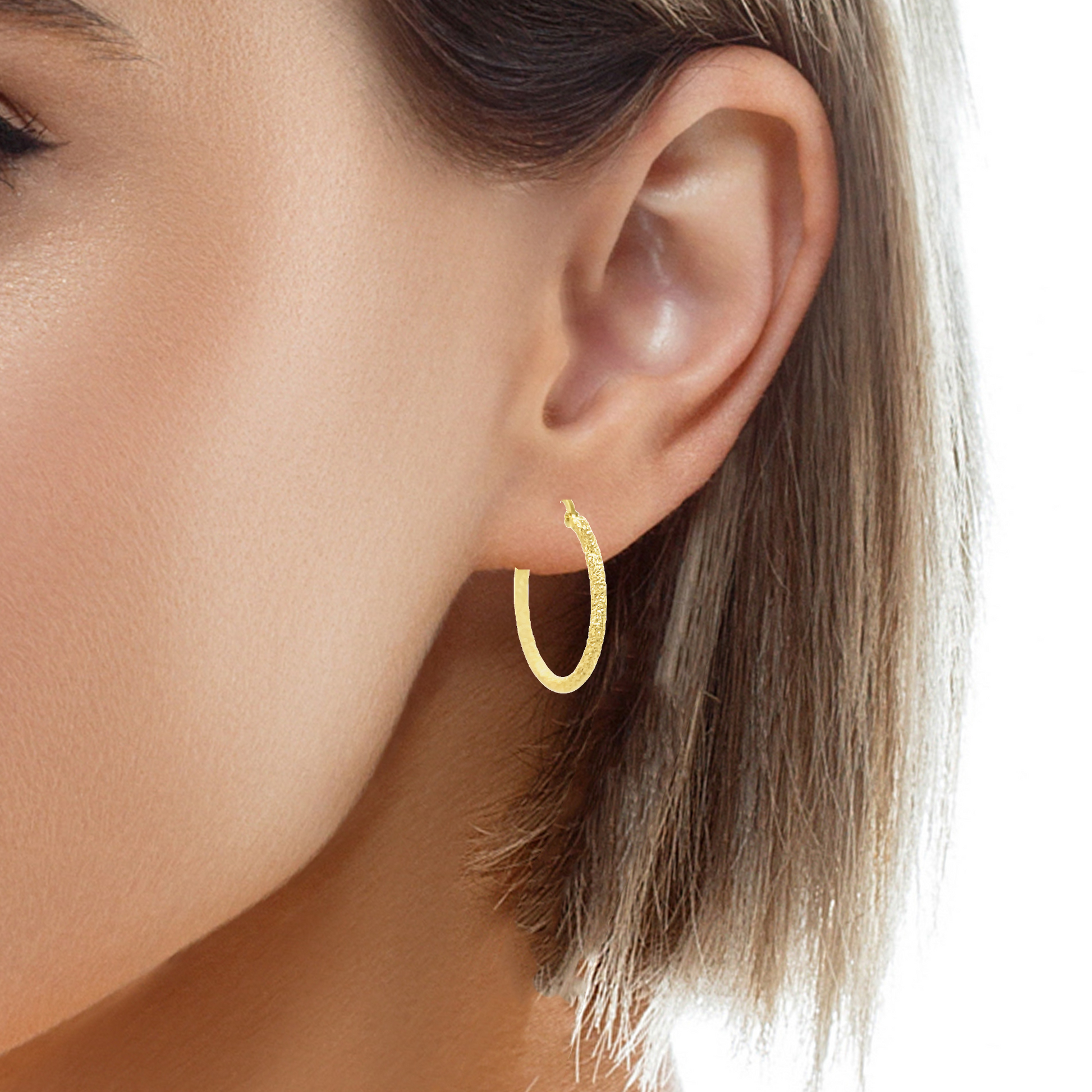 Try on view of 14k Italian Yellow Gold Sand-Finish Hoop Earring 2.00 mm