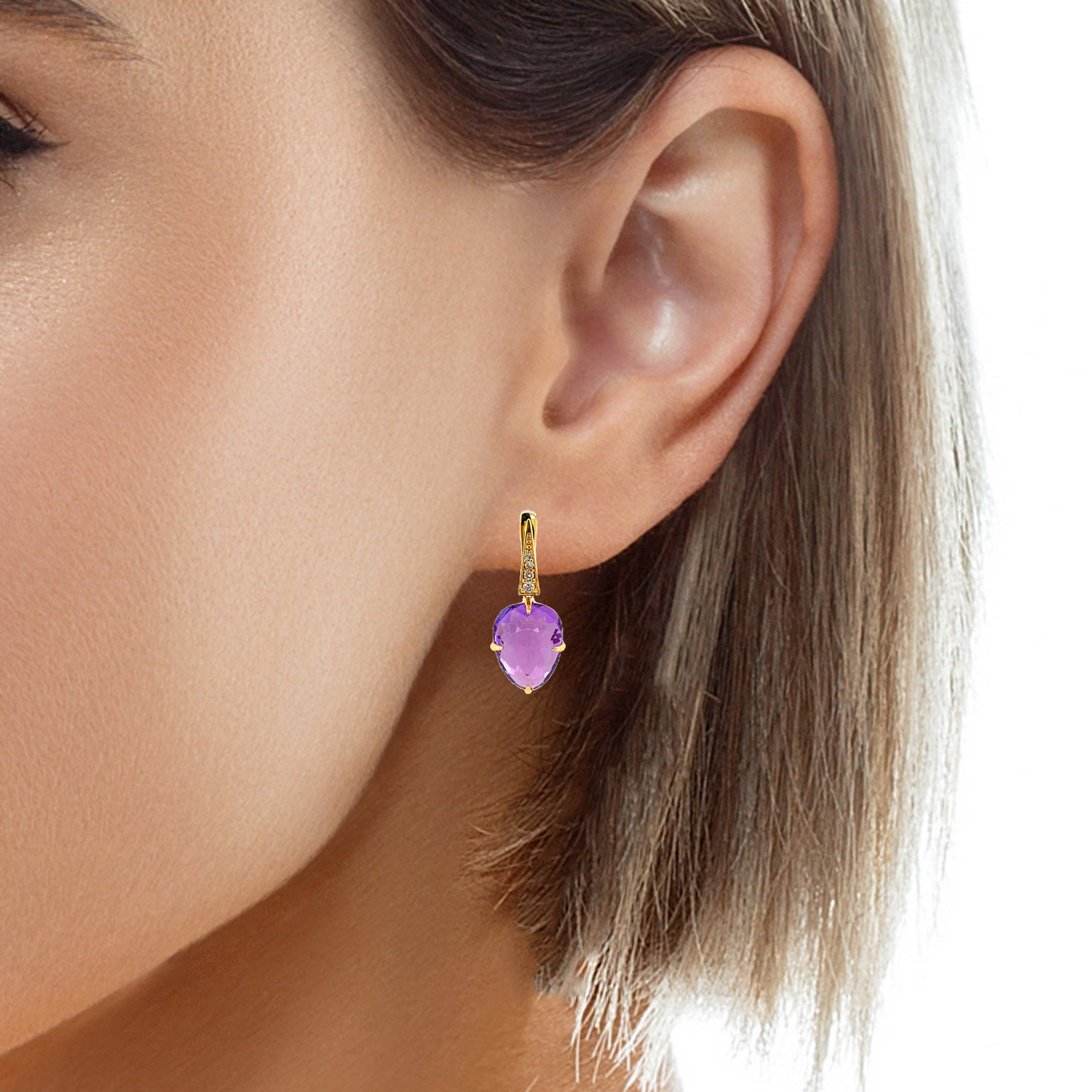 Try on view of 18k Yellow Gold Amethyst & Diamond SugarLoaf Earrings