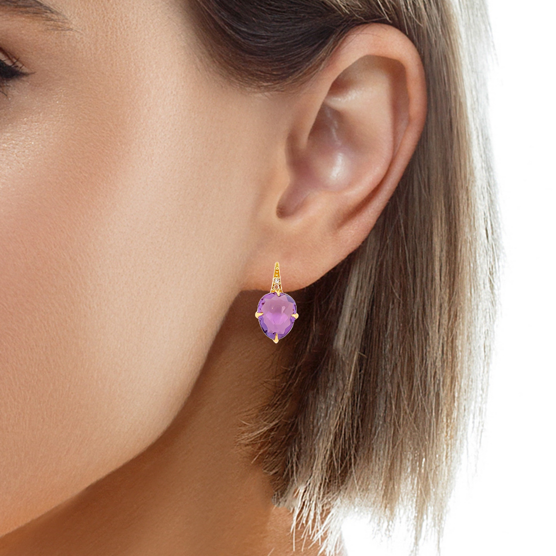 Try on view of 18k Yellow Gold Small Amethyst & Diamond SugarLoaf Earrings