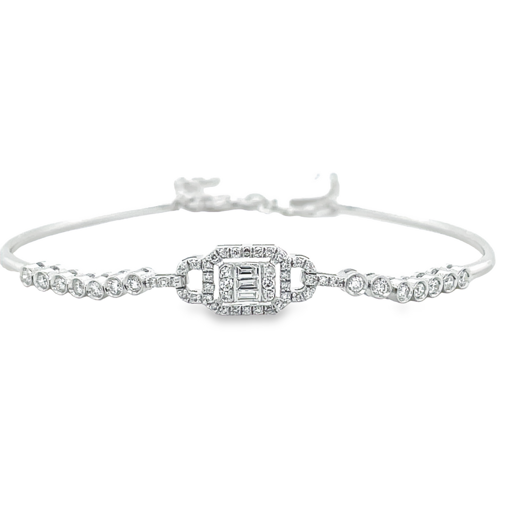 14k white gold.  Round diamonds 0.48 cts   Baguette diamonds 0.07 cts  Color F/G  Clarity VS2  Secure lobster catch  Antique style