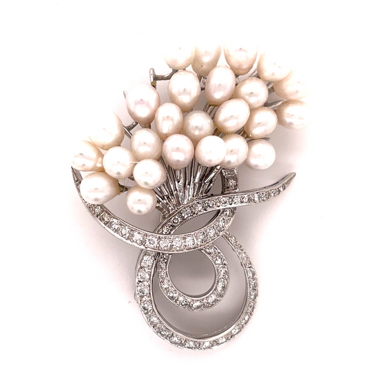 Top view of Estate 18k White Gold Fresh Water Pearl and Diamond Brooch