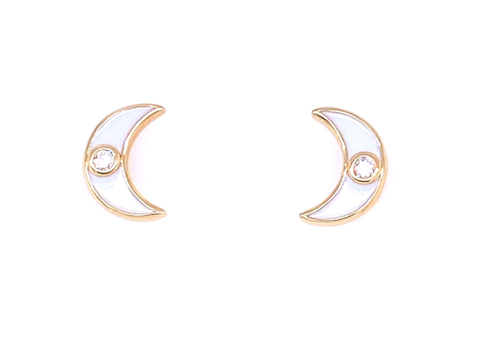 Front view of 14k Diamond crescent moon earrings