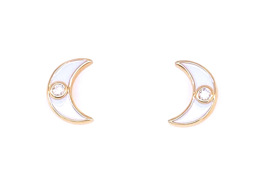 Front view of 14k Diamond crescent moon earrings