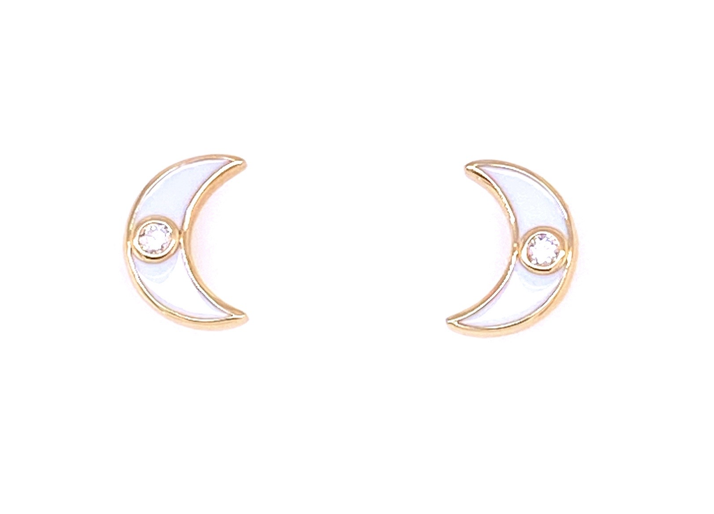 18k yellow gold  White enamel  Small round diamond  Crescent moon earrings  Secure friction back   