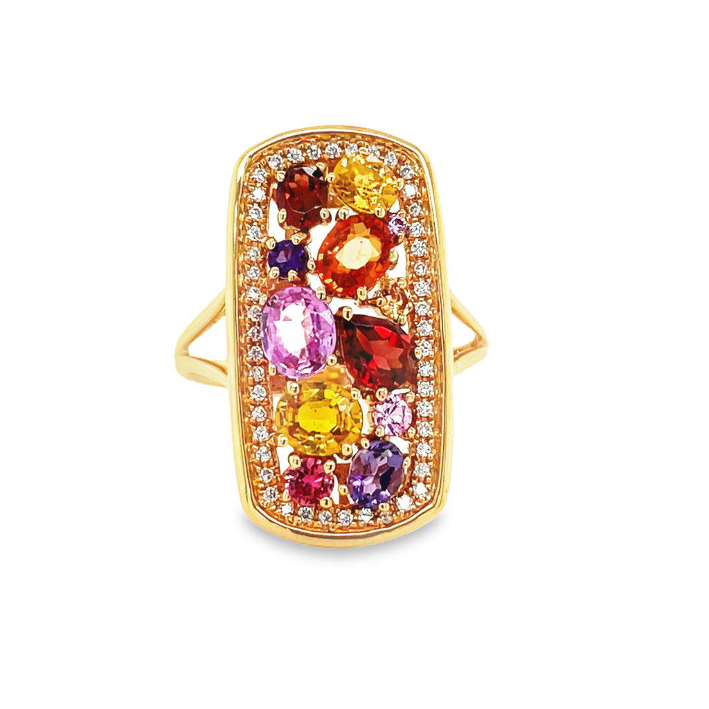 One rectangular fashion ring  24.00 x 12.00 mm   Multicolor sapphires 1.32 cts   Round diamonds 0.15 cts  Set in 18k rose gold  Open shank