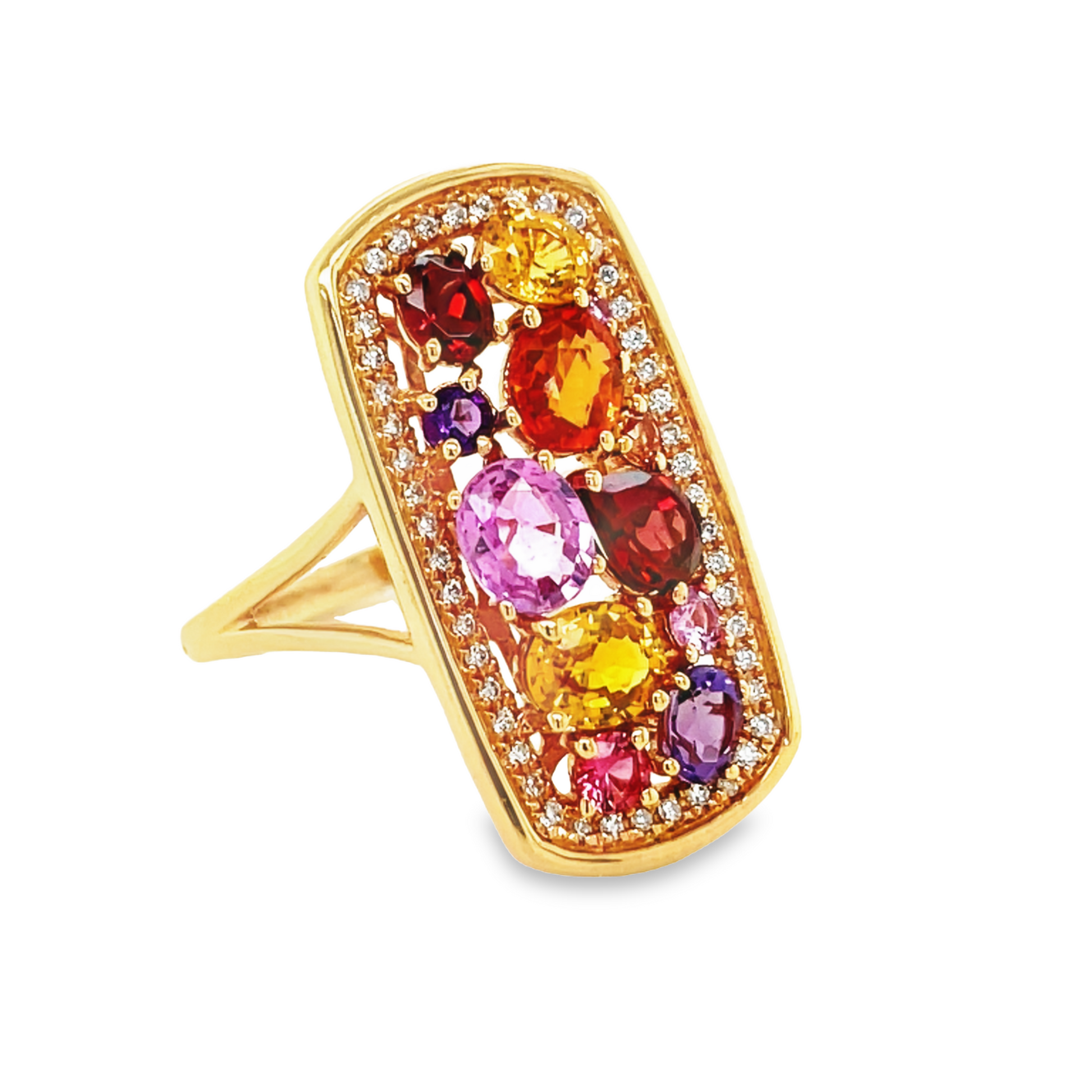 Side view of 18k Rose Gold Multicolor Sapphire & Diamond Fashion Ring