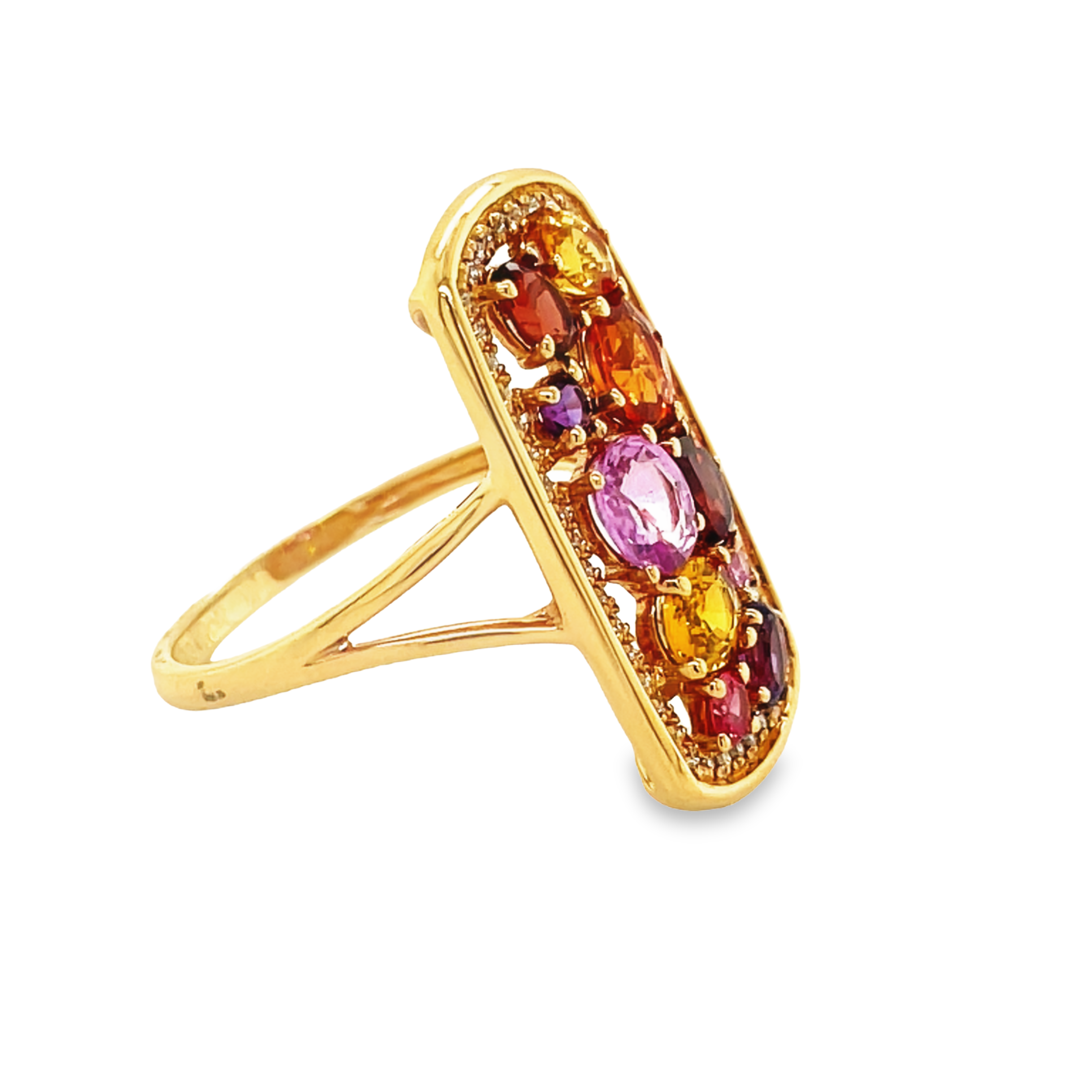 One rectangular fashion ring  24.00 x 12.00 mm   Multicolor sapphires 1.32 cts   Round diamonds 0.15 cts  Set in 18k rose gold  Open shank