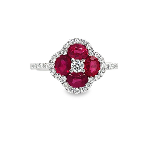 Front view of 14k Whit Gold Ruby & Diamond Clover Motif Ring