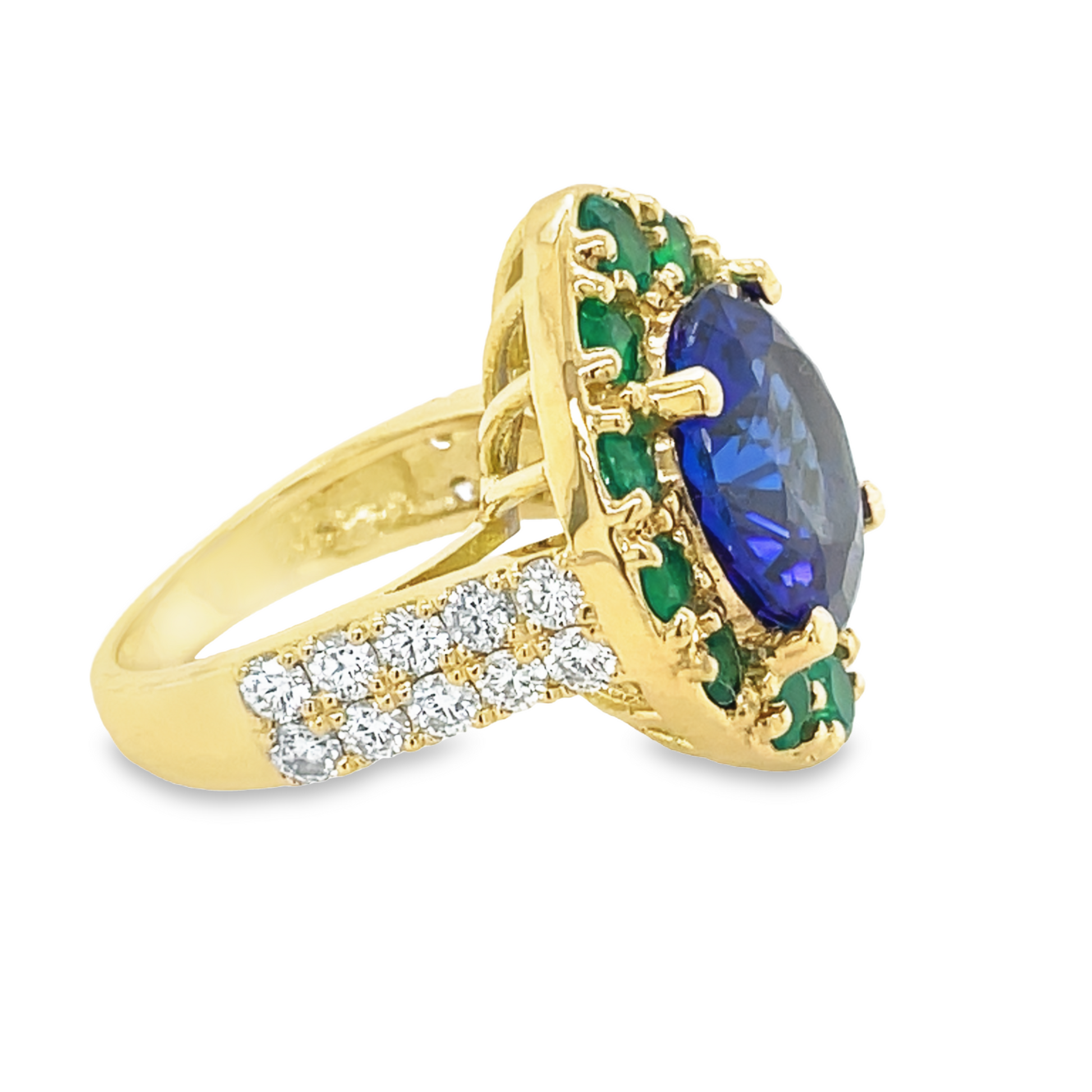 Large Tanzanite, Emerald & Diamond Cocktail Ring Profile View