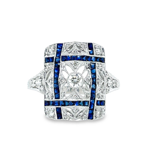 Handmade Art Deco Sapphire & Diamond Ring Front view 