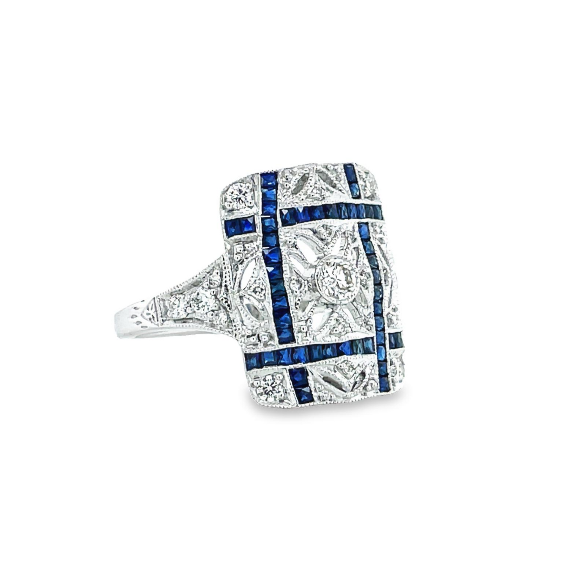 Handmade Art Deco Sapphire & Diamond Ring Side view 