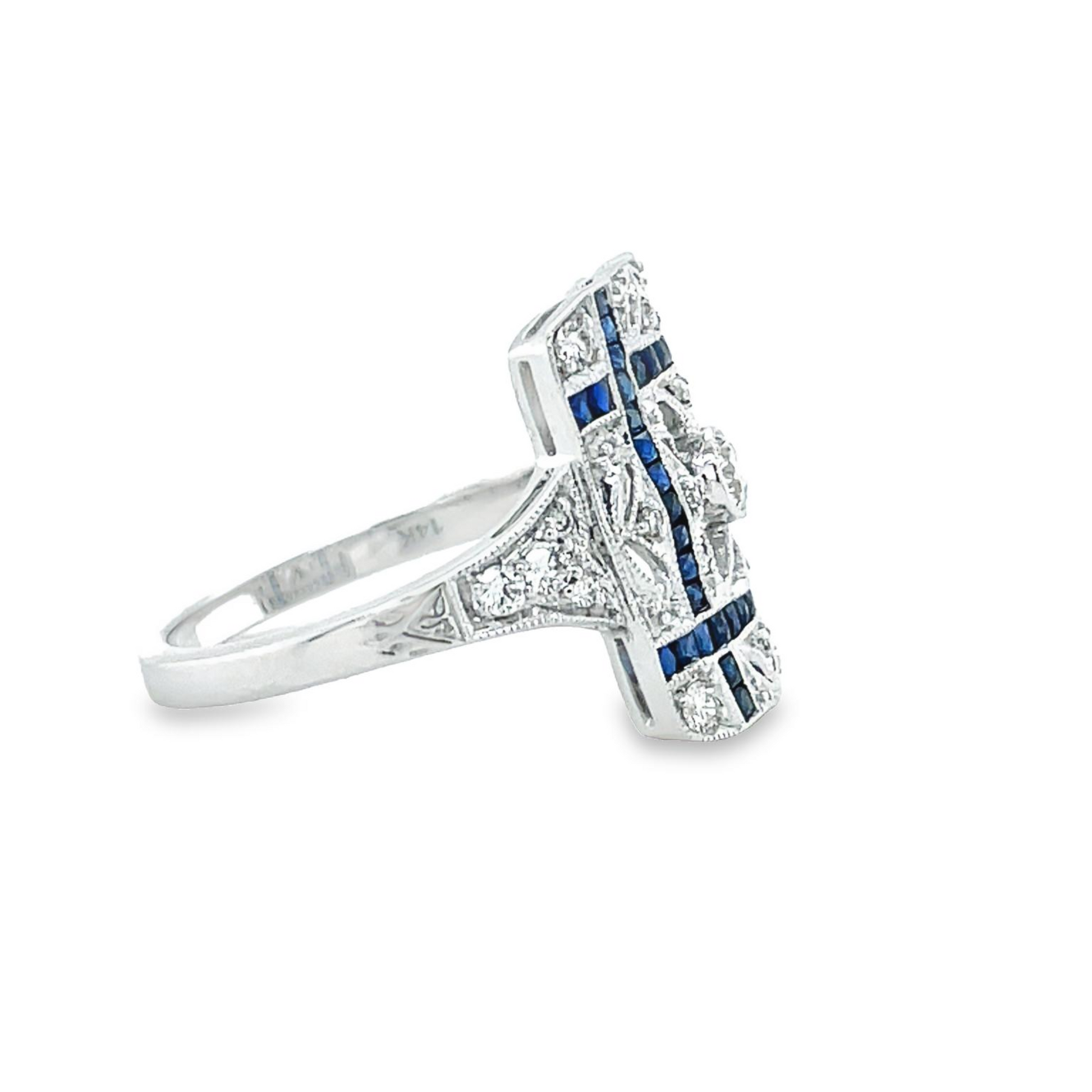 Handmade Art Deco Sapphire & Diamond Ring Profile View