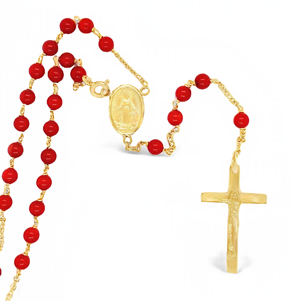 18k yellow gold.  Italian made  4.00 mm gold beads  28" long  Cross charm  Matte finish Virgin medallion beads  high polished crucifix 