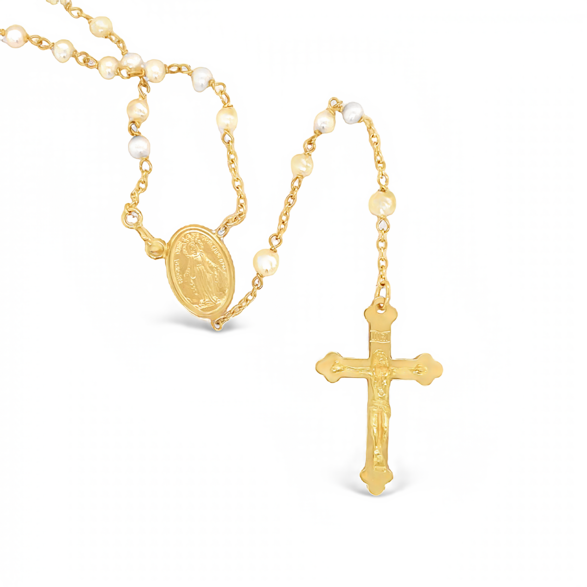 18k Italian Yellow Gold Pearl Rosary Necklace Top view 