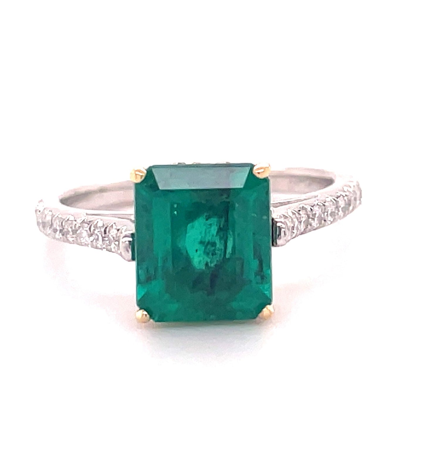 Emerald Diamond Ring Set in 22k Yellow Gold & Platinum Front view 