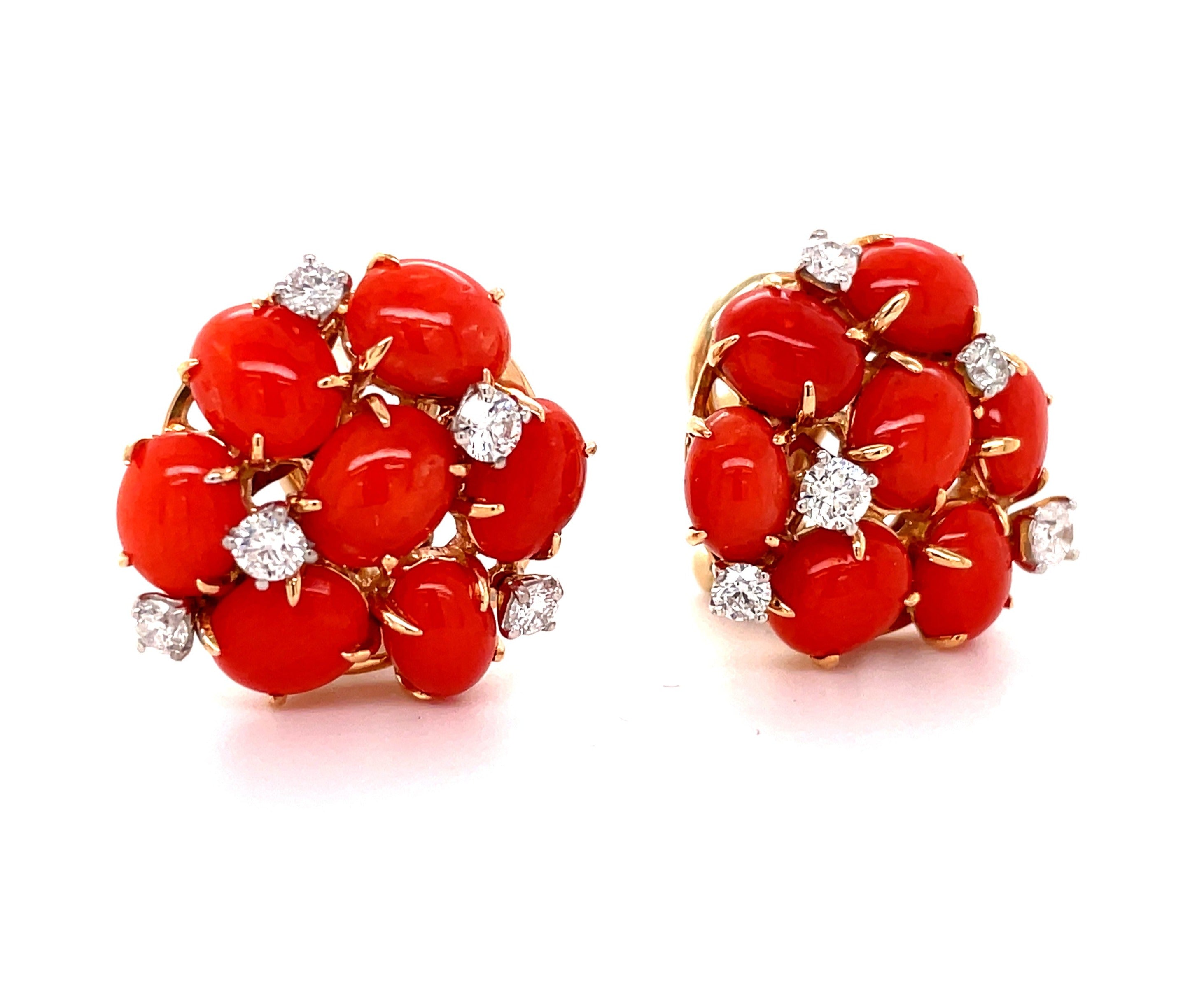 Experience elegance with these Italian 18k yellow gold earrings! Set in a stunning gallery design, while the front showcases gorgeous dandelion coral beads and 0.53 cts of sparkling white diamonds. A secure omega clasp and post guarantee unmatched quality and an elegant 15.00 mm size.