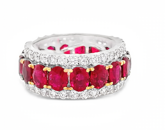 Front view of 18k Two Tone Oval Shape Ruby & Diamond Eternity Band