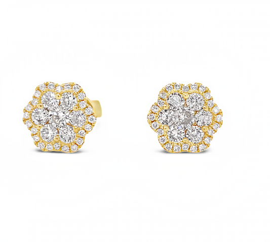 Flower Motif Diamond Stud Earrings Set in Yellow Gold Front view 