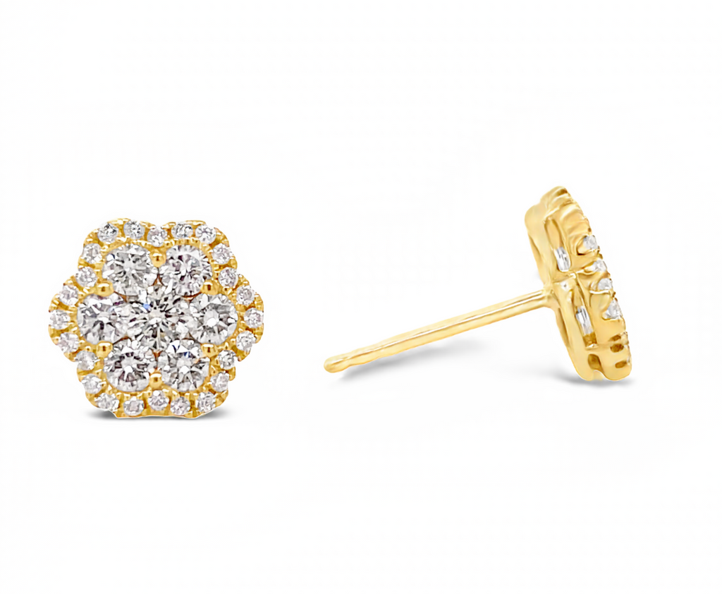Dainty diamond earrings.   Flower motif   18k yellow gold  Secure heart shaped friction backs  Round diamonds 0.75 cts  9.00 mm