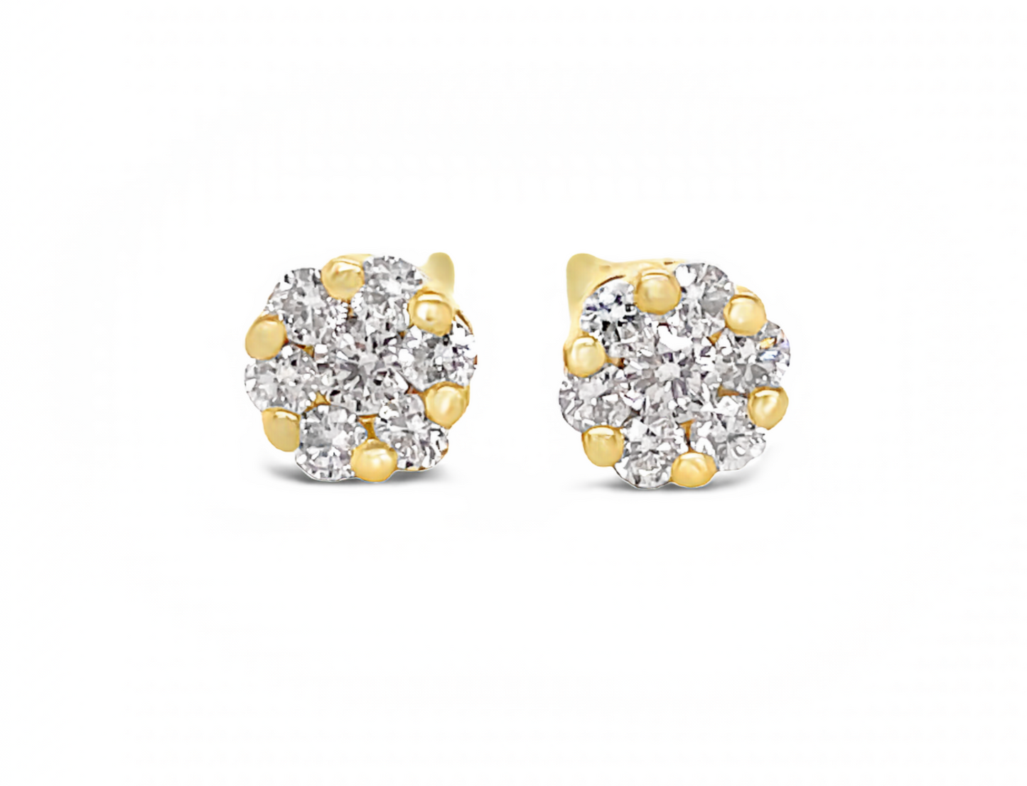 Front view of 18k Yellow Gold Small Flower Cluster Diamond Stud Earrings Set in Yellow Gold