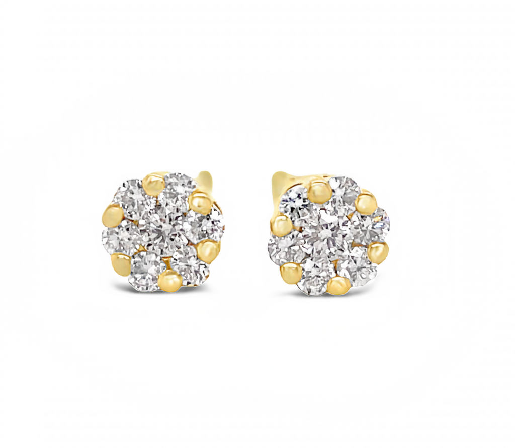 Medium Flower Cluster Diamond Stud Earrings Set in Yellow Gold 0.80 cts