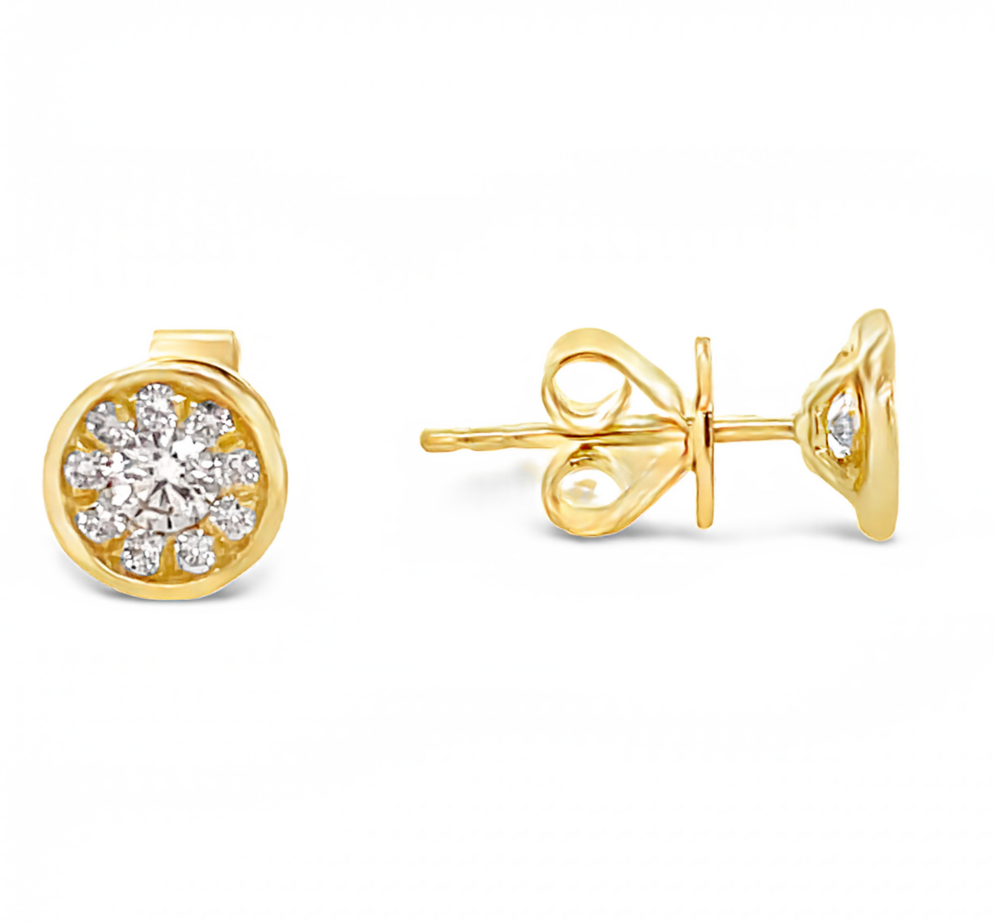 Diamond Cluster Stud Earrings Set in Yellow Gold Front and Side View