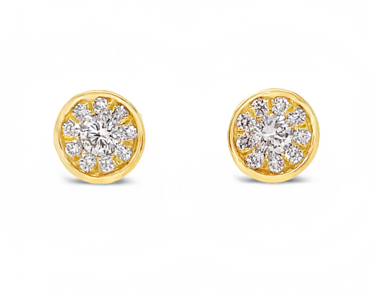 Diamond Cluster Stud Earrings Set in Yellow Gold Front view 