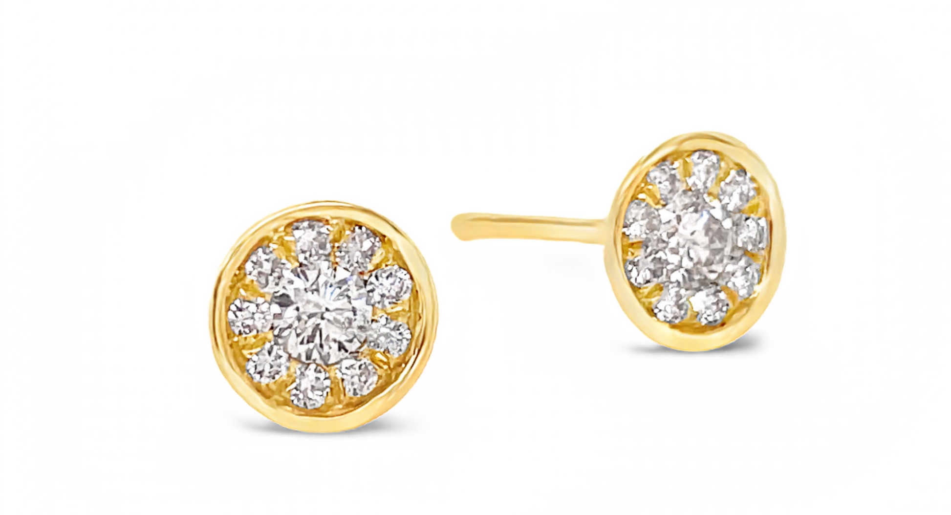 Diamond Cluster Stud Earrings Set in Yellow Gold Front and Side View