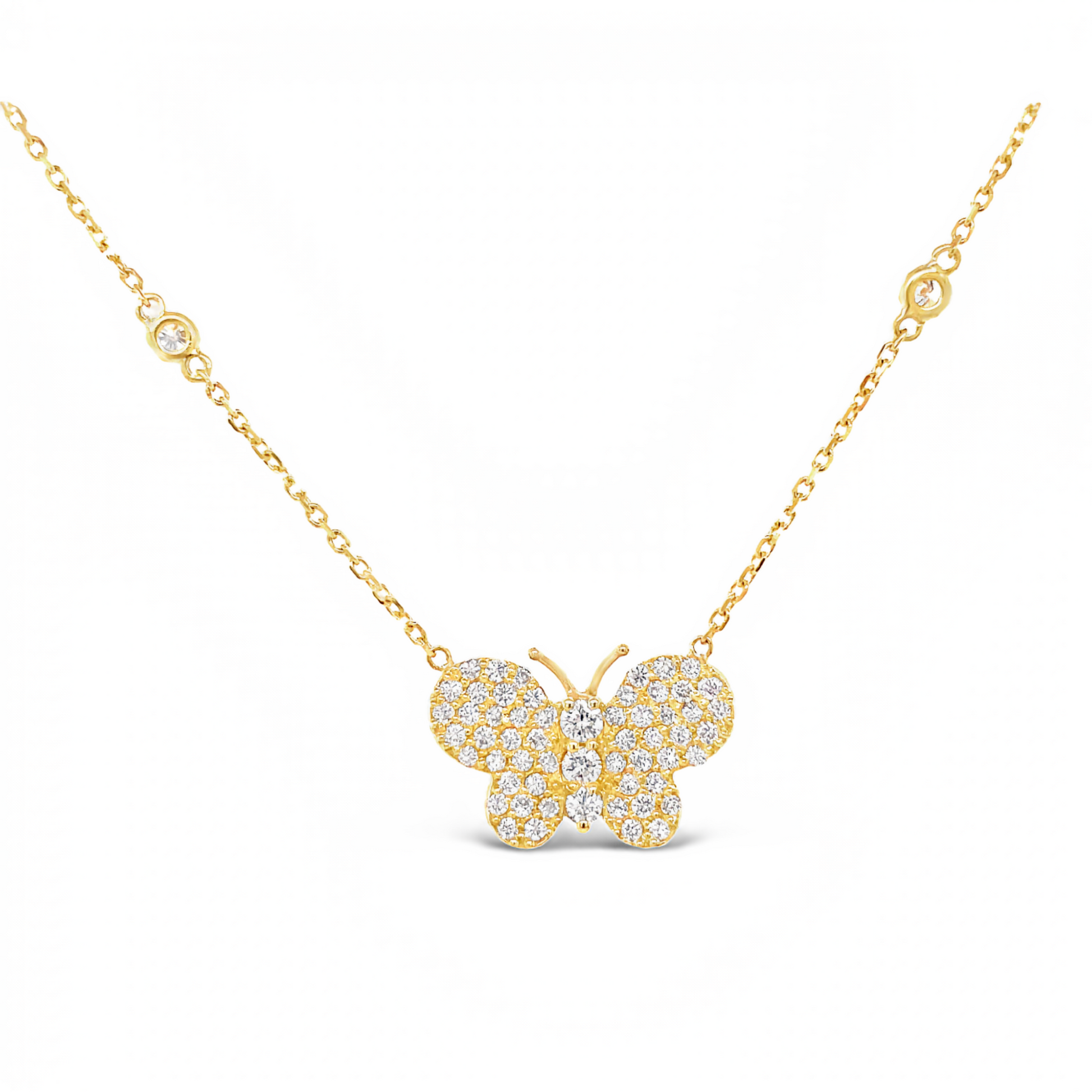Diamond Butterfly Yellow Gold Pendant Necklace Front view 