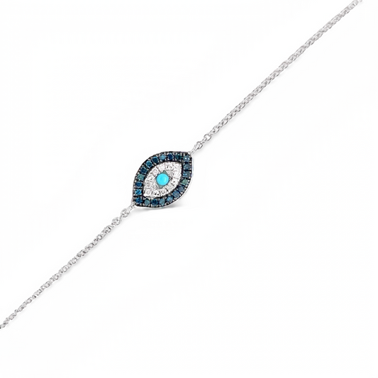 Front view of Diamond Oval Evil Eye White Gold Bracelet with Turquoise