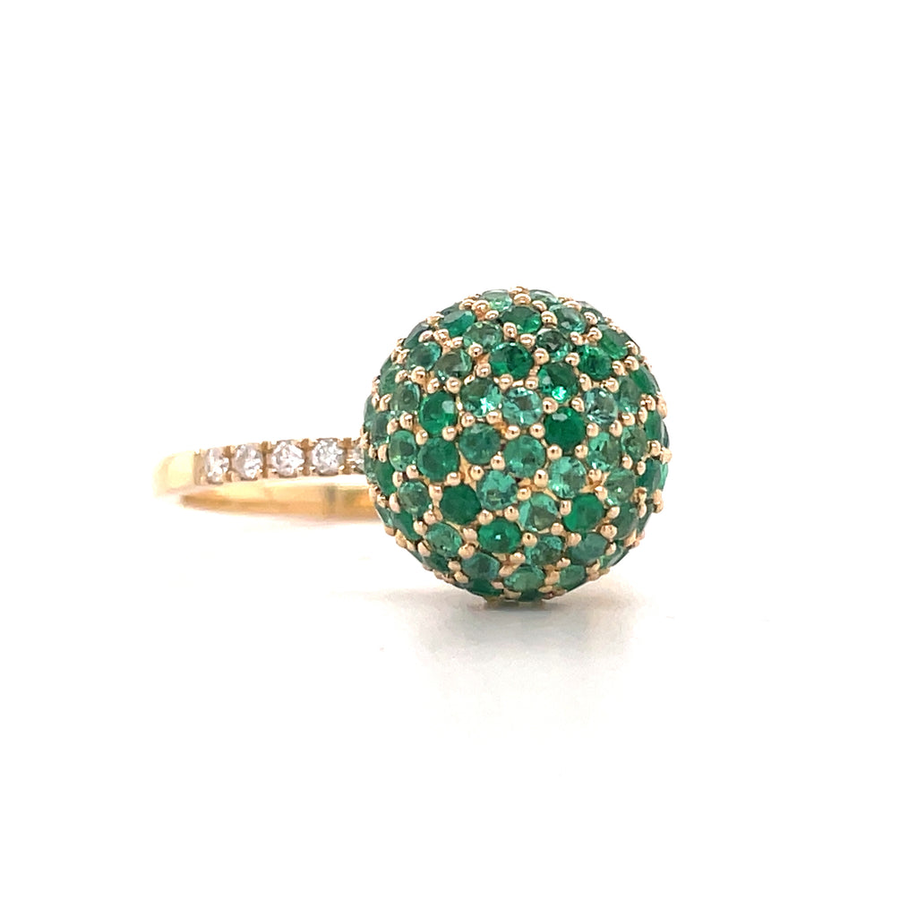 14k yellow gold  7.0 size (sizable)  Round emeralds 1.34 cts    11.00 mm  Diamonds in shank  Stackable rings 