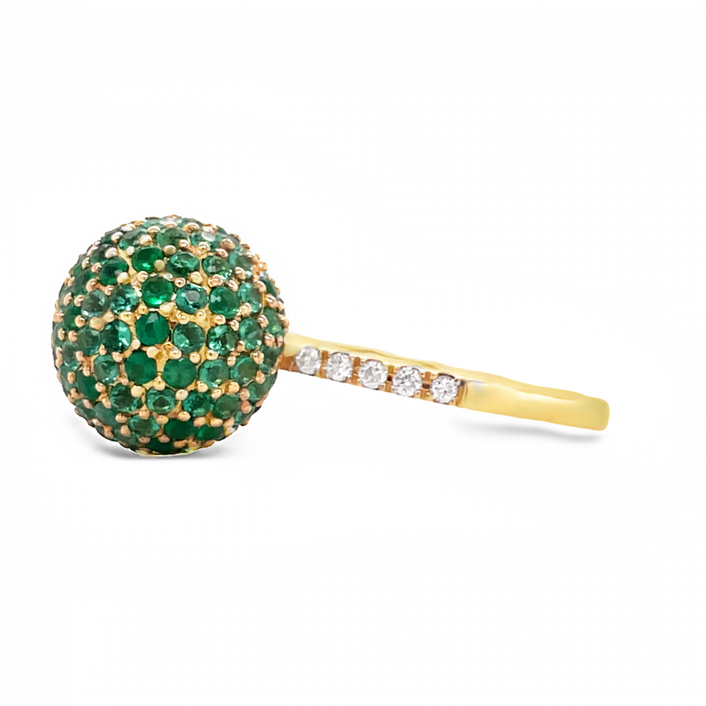 14k yellow gold  7.0 size (sizable)  Round emeralds 1.34 cts    11.00 mm  Diamonds in shank  Stackable rings 