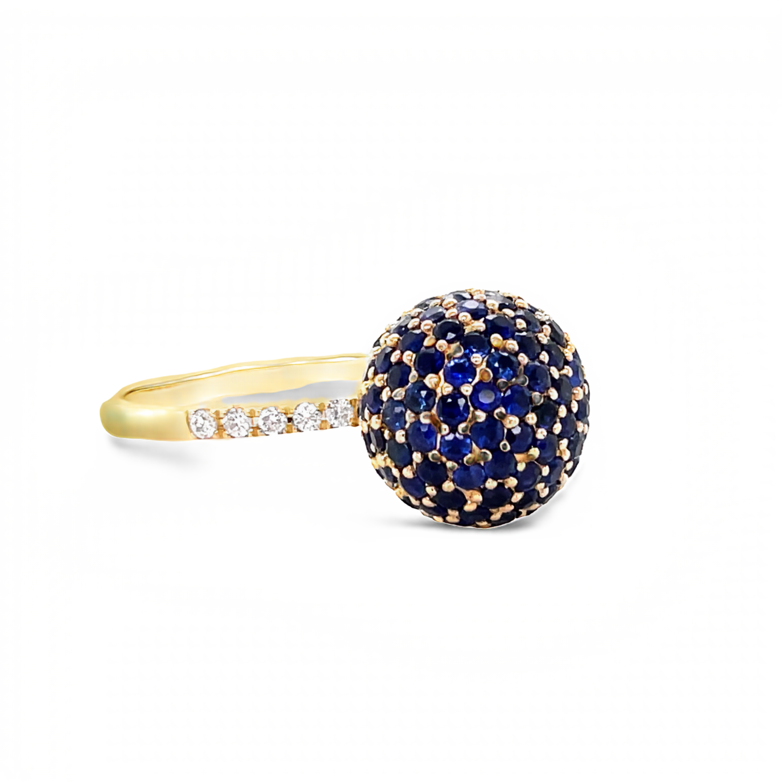 14k yellow gold  7.0 size (sizable)  Round sapphires 1.92 cts    11.00 mm  Diamonds in shank  Stackable rings 