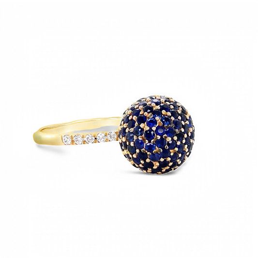 Side view of 14k Yellow Gold Round Disco Ball Sapphire Ring