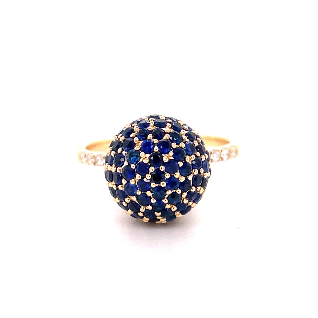 14k yellow gold  7.0 size (sizable)  Round sapphires 1.92 cts    11.00 mm  Diamonds in shank  Stackable rings 