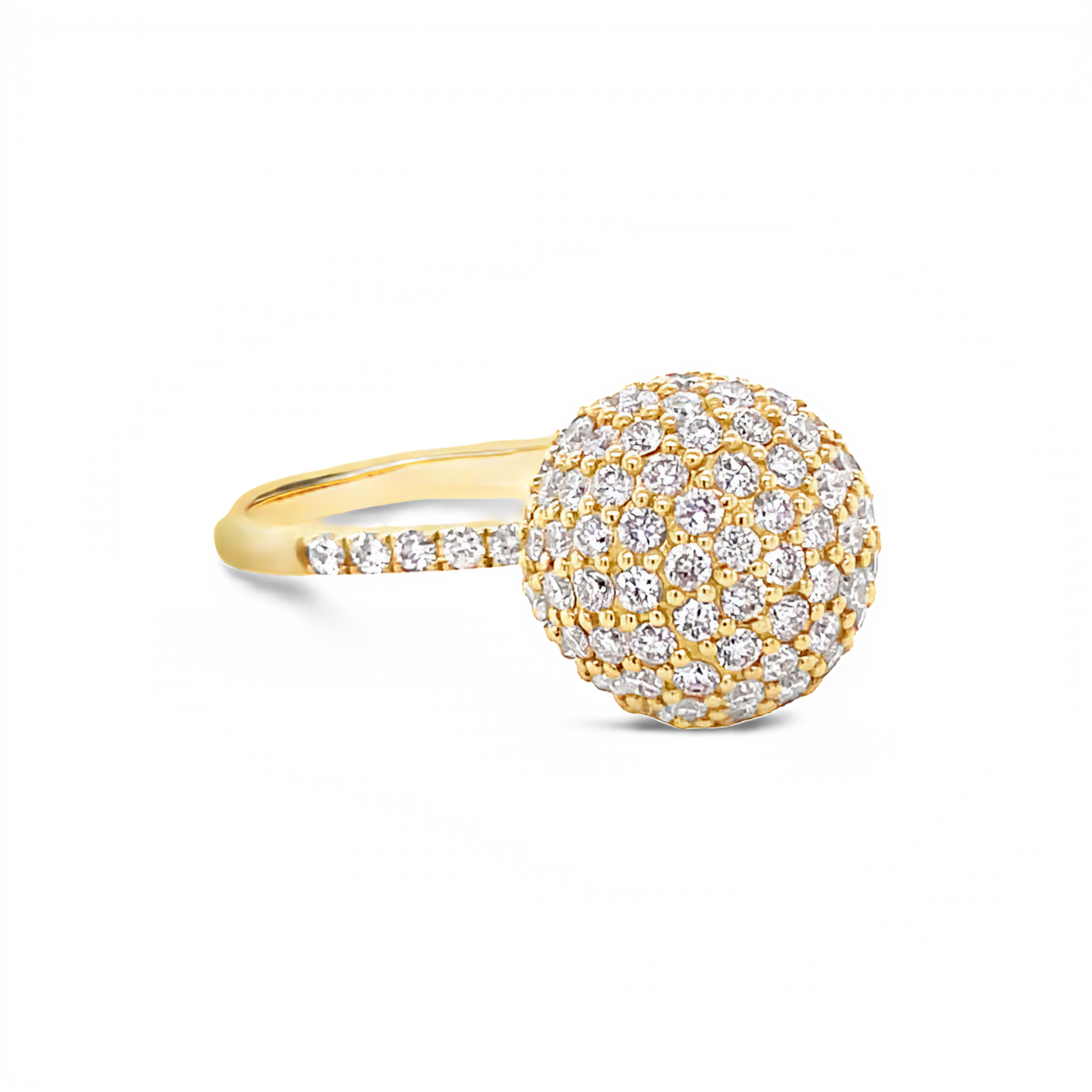 14k yellow gold  7.0 size (sizable)  Round diamonds 1.47 cts    11.00 mm  Diamonds in shank