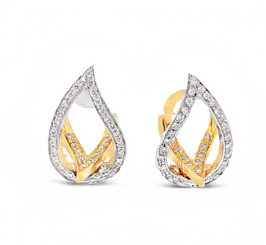 Italian Made Open Diamond Tear Shape Omega Earrings Front view 