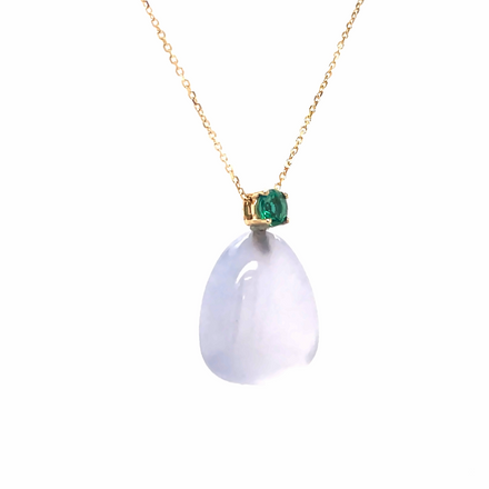 This timeless design blends traditional elements with modern trends to create a unique statement for any occasion. Crafted from 14k yellow gold and featuring a pear-shaped aquamarine cabochon, a round diamond, and an emerald cabochon, this pendant measures 19 x 14 mm and comes with a 16" long chain.