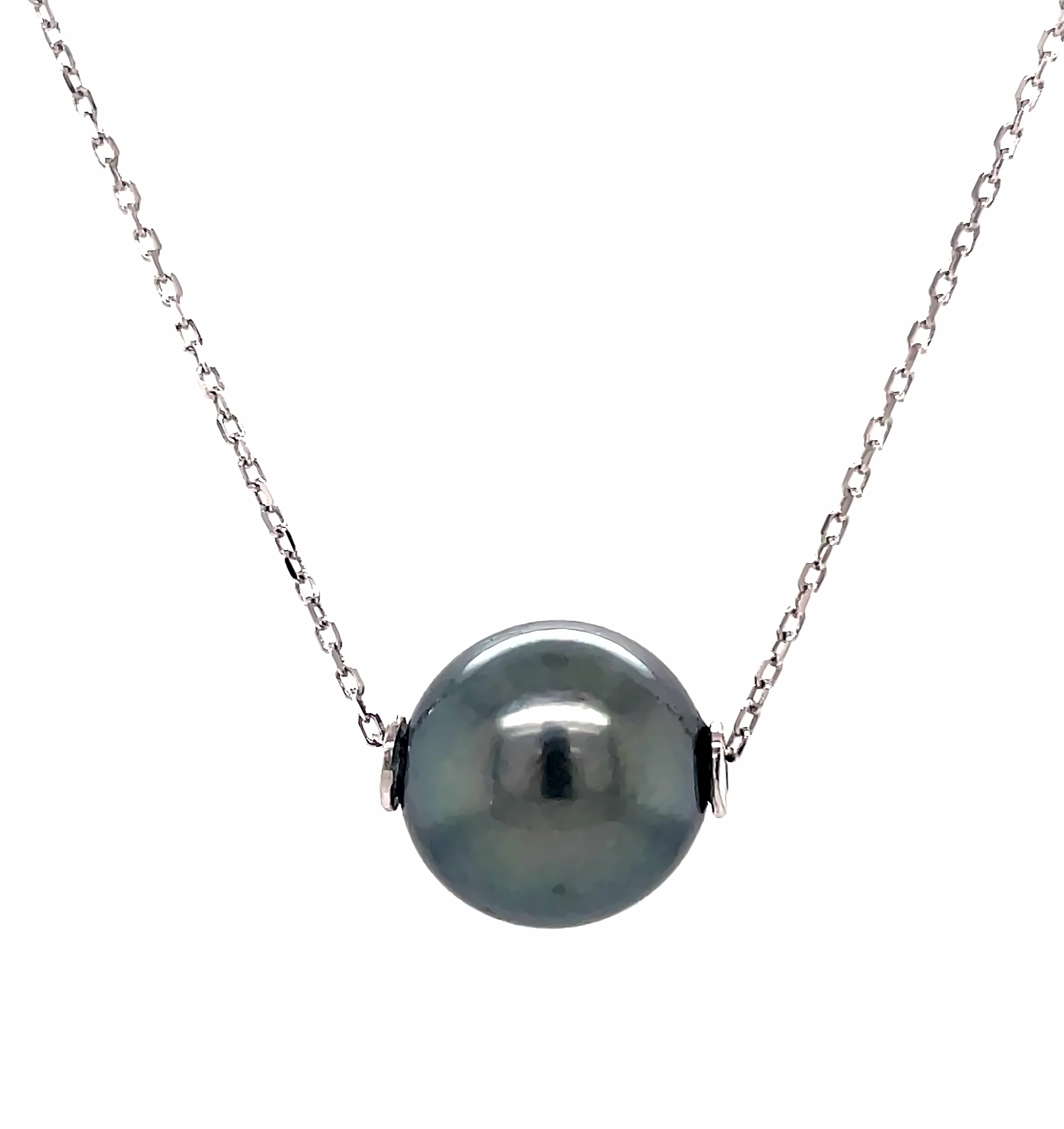 Tahitian pearl 13.00 mm  Good luster  14k white gold chain  17" long with sizing loop  Secure lobster catch