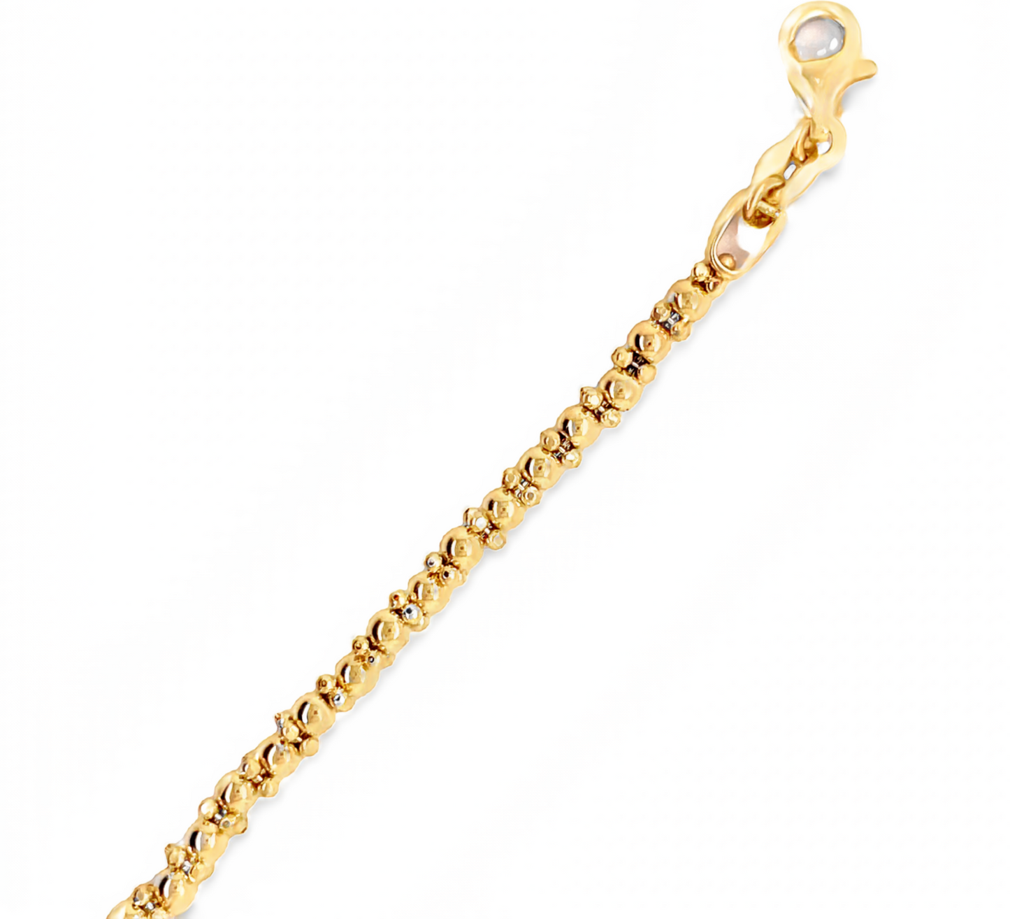 14k Yellow Gold Square Beads & Laser Cut Round Link Bracelet Top view clasp unfastedned