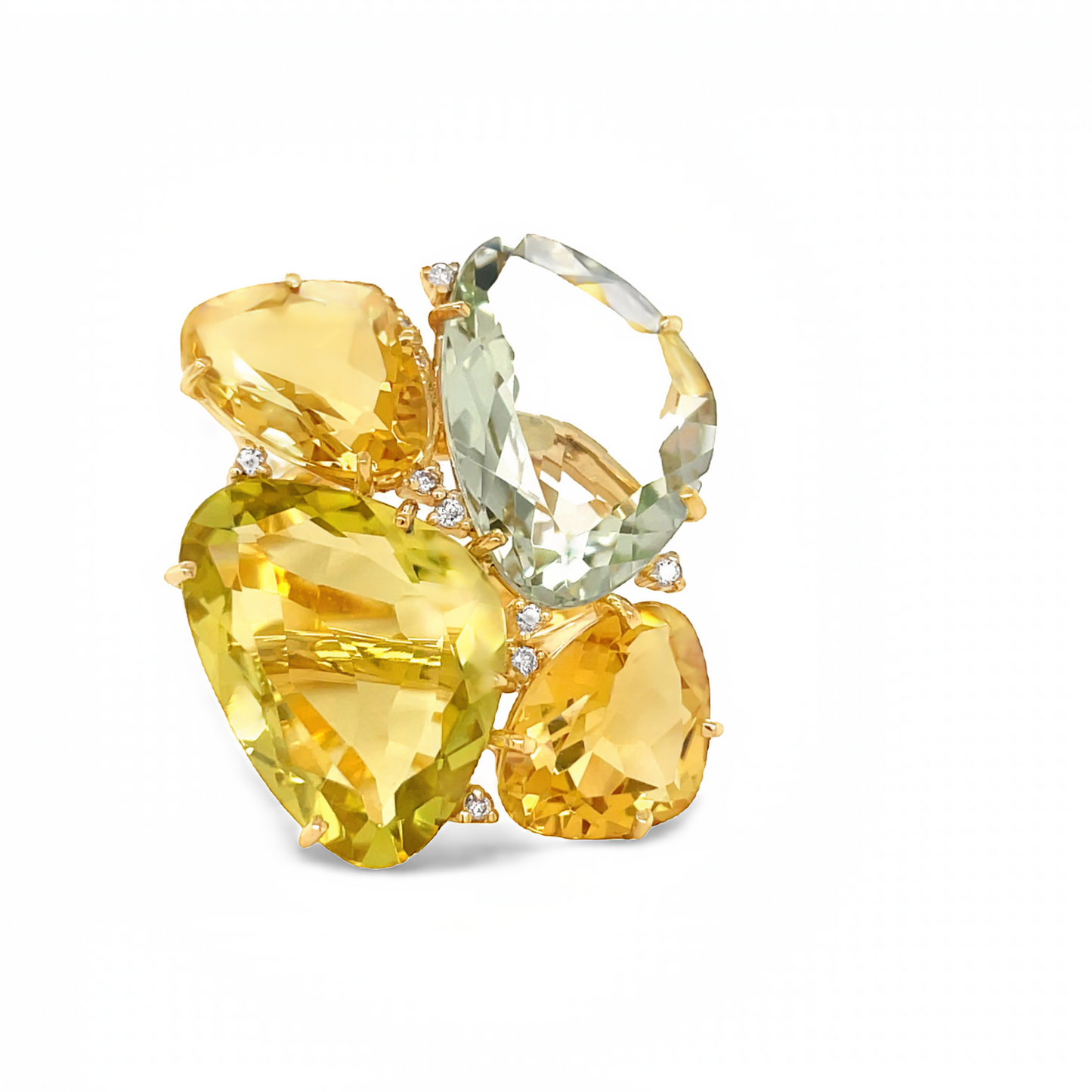 Multicolor Citrine, Green Quartz, Prazolite & Diamond Fower Motif Ring Front view