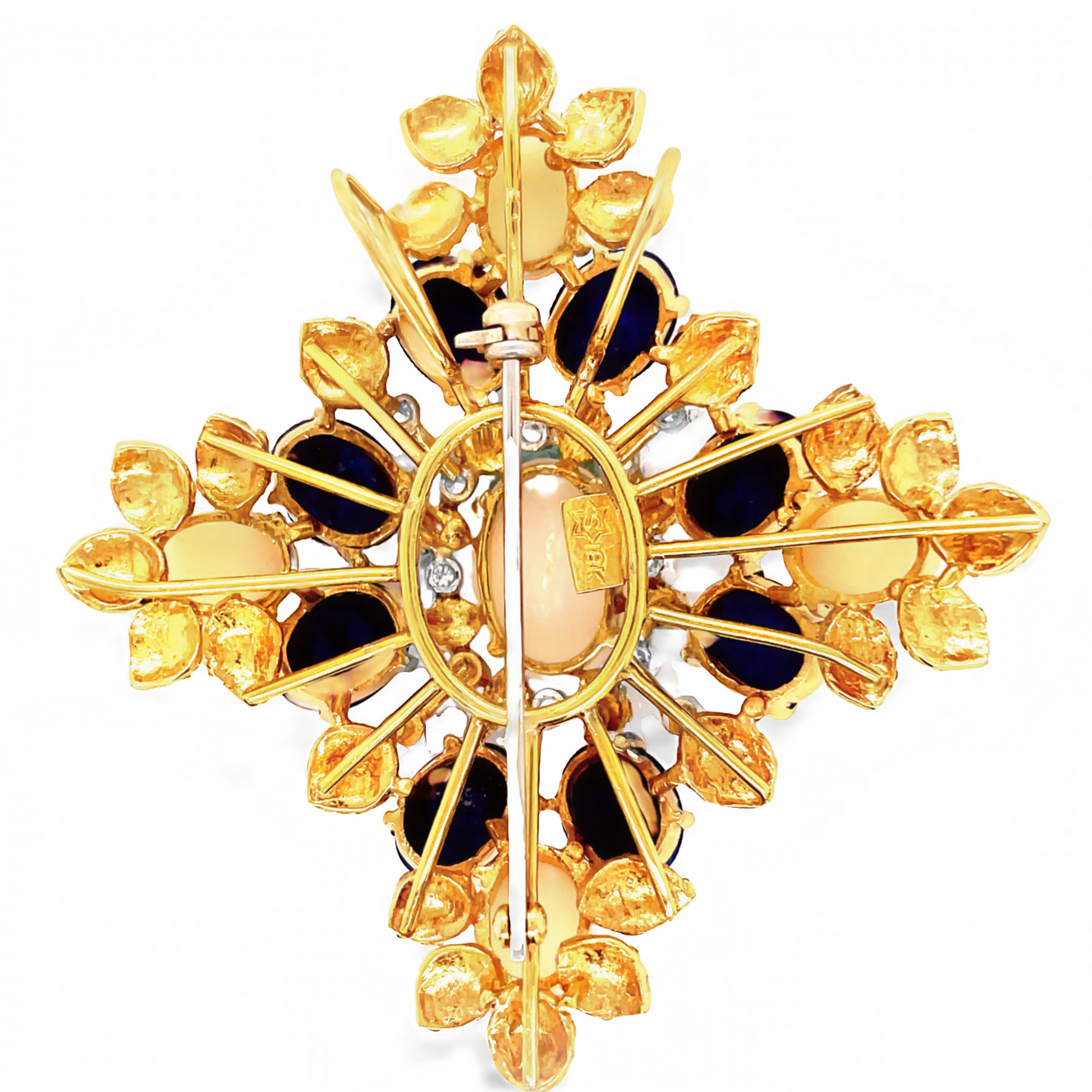 Vintage 18k Yellow Gold Lapis, Angel Skin & Diamond Brooch Back View