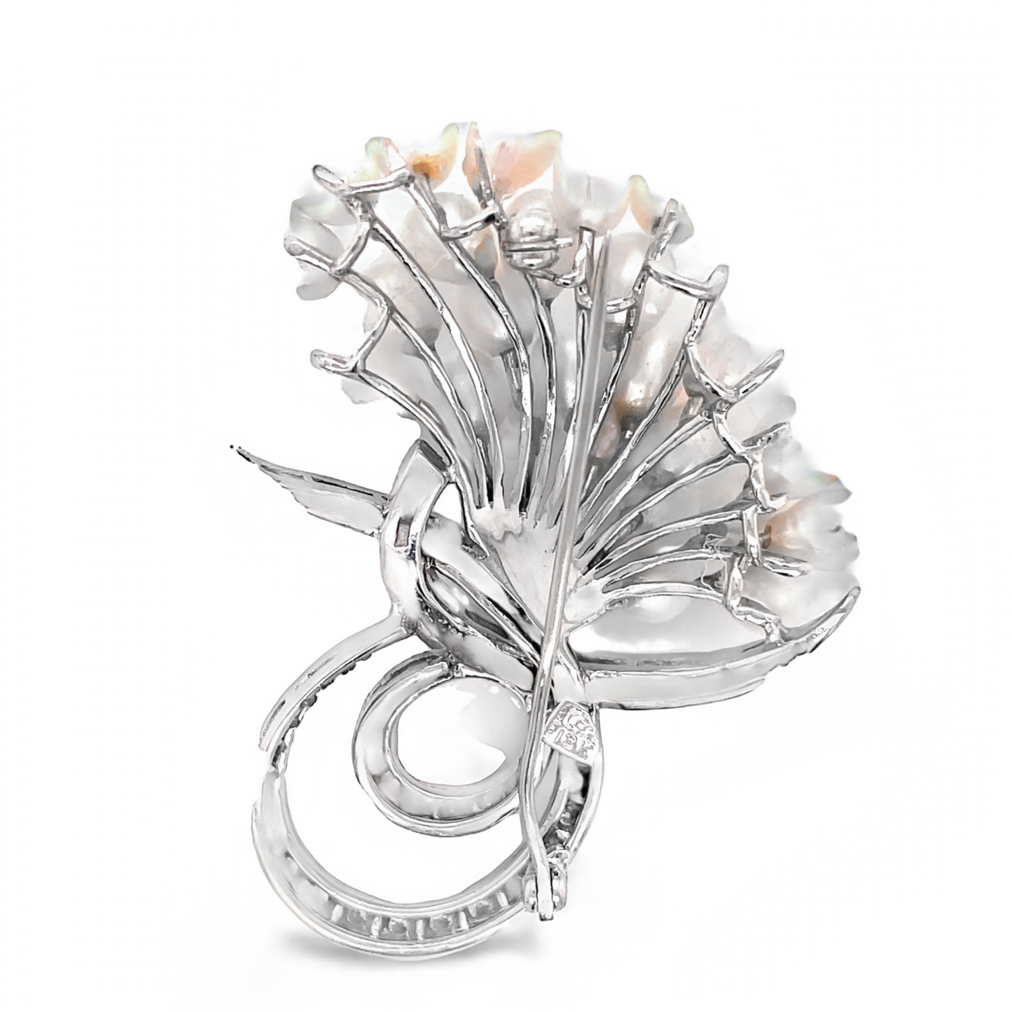 Back view of Estate 18k White Gold Fresh Water Pearl and Diamond Brooch