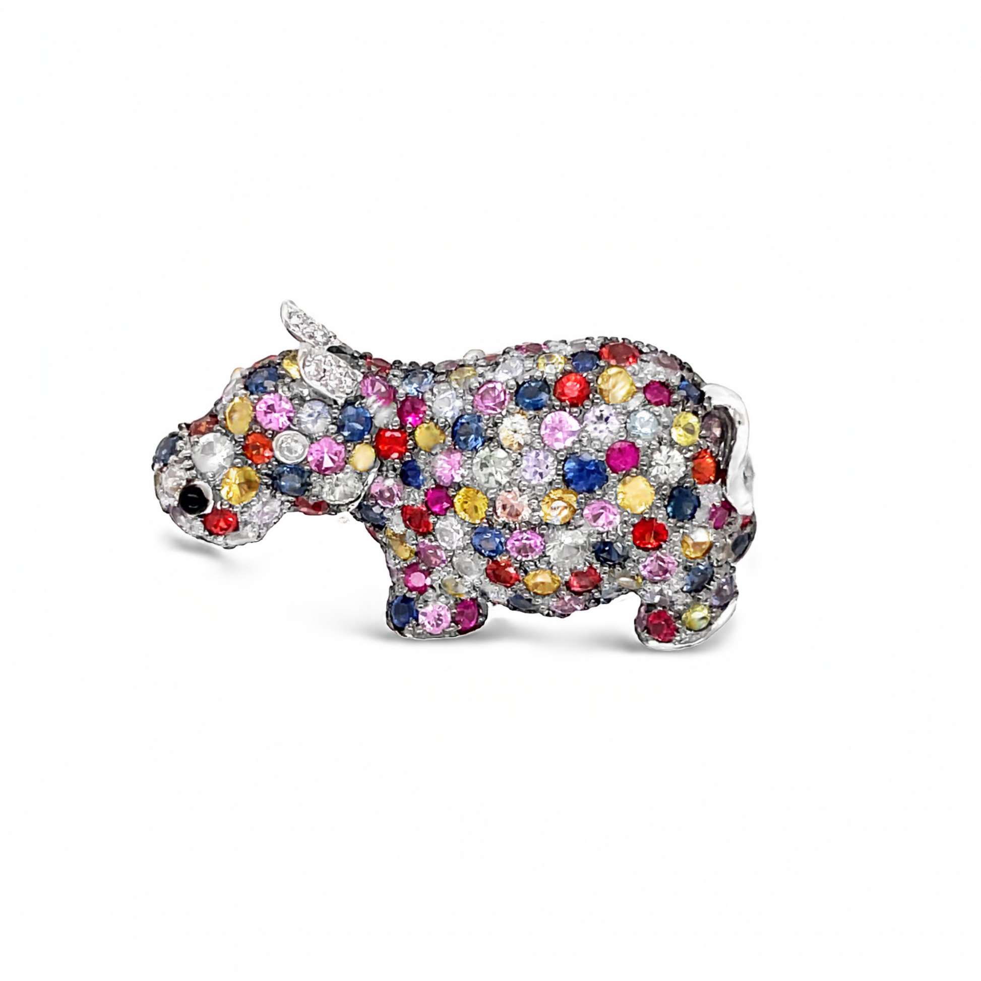 Multicolor Sapphire Hippo Brooch Front view 
